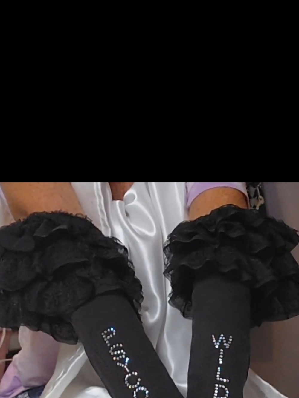 Black Ruffle Arm Warmers with Rhinestone Lettering - Picture 3 of 3